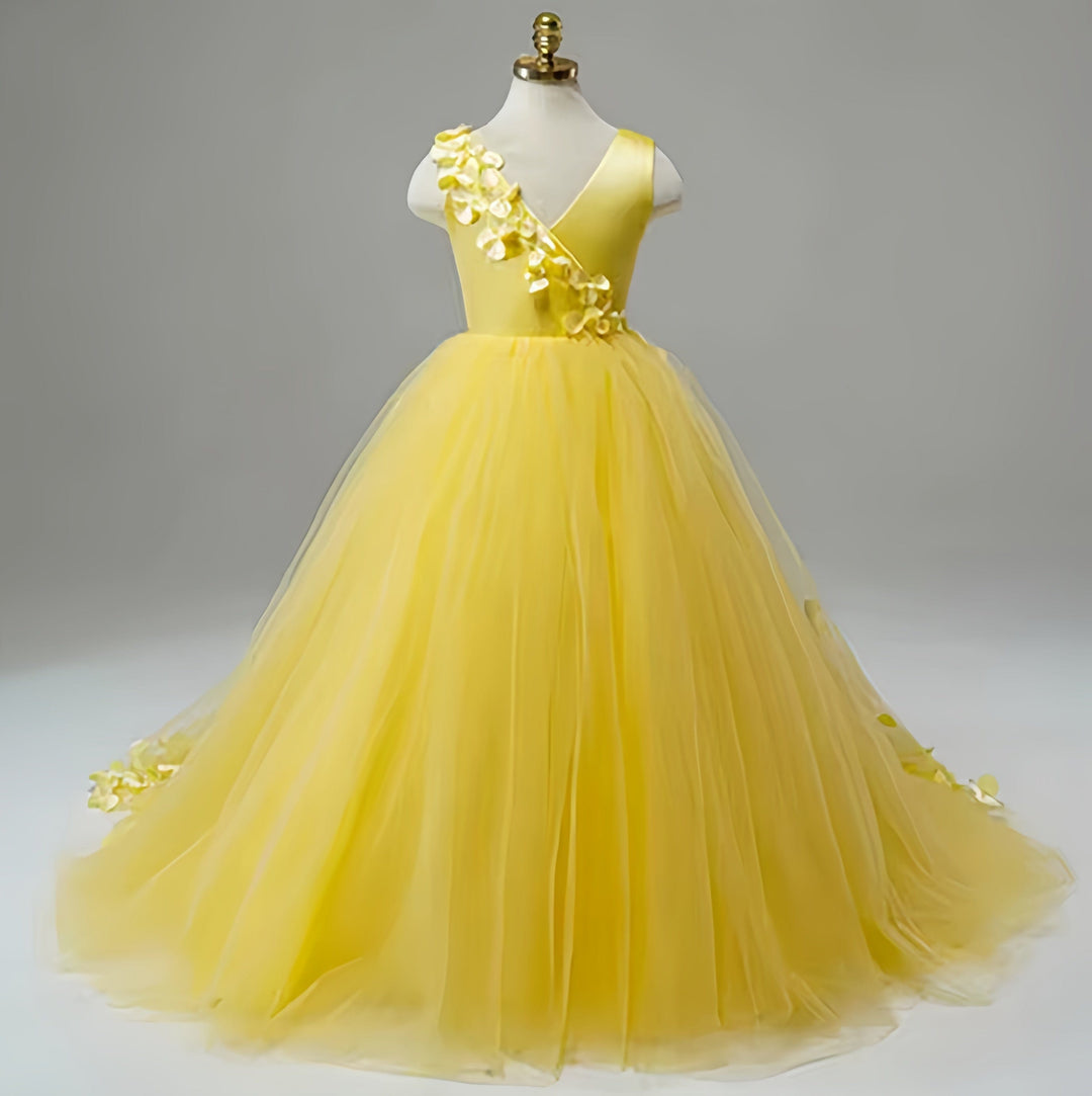 Sunnypetal Yellow Puffy Tulle Flower Girl Dresses 3D Floral Wedding Birthday Party Gown