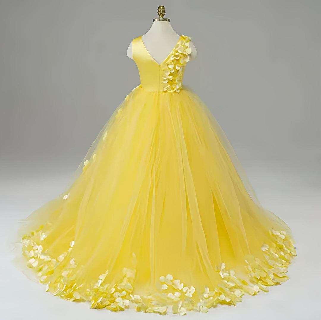 Sunnypetal Yellow Puffy Tulle Flower Girl Dresses 3D Floral Wedding Birthday Party Gown