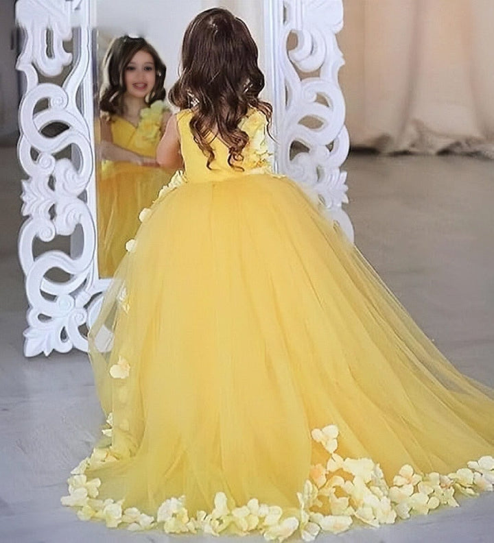Sunnypetal Yellow Puffy Tulle Flower Girl Dresses 3D Floral Wedding Birthday Party Gown