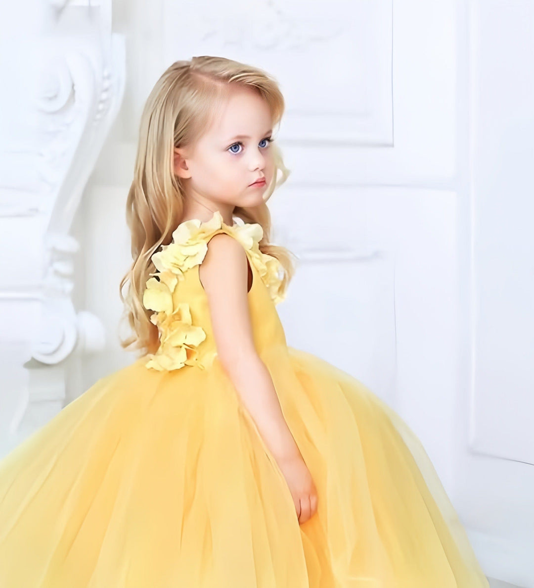 Sunnypetal Yellow Puffy Tulle Flower Girl Dresses 3D Floral Wedding Birthday Party Gown