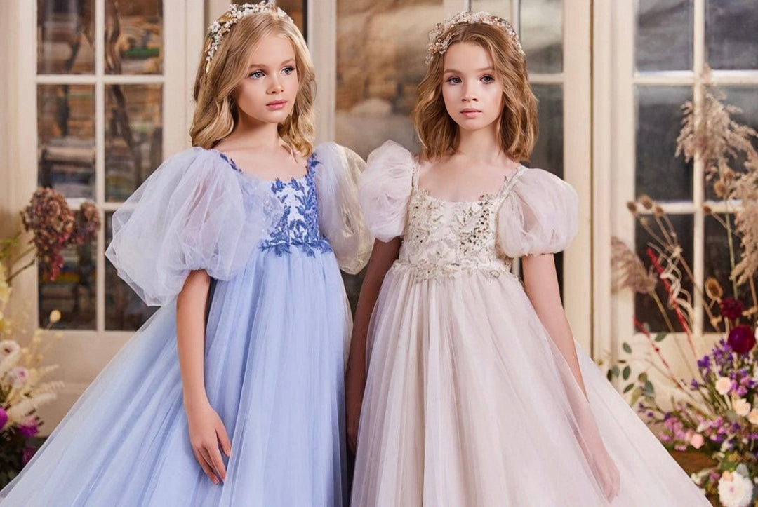 Sunnyprtal Many Layers Tulle Flower Girl Gown with Puff Sleeve and Square Neck