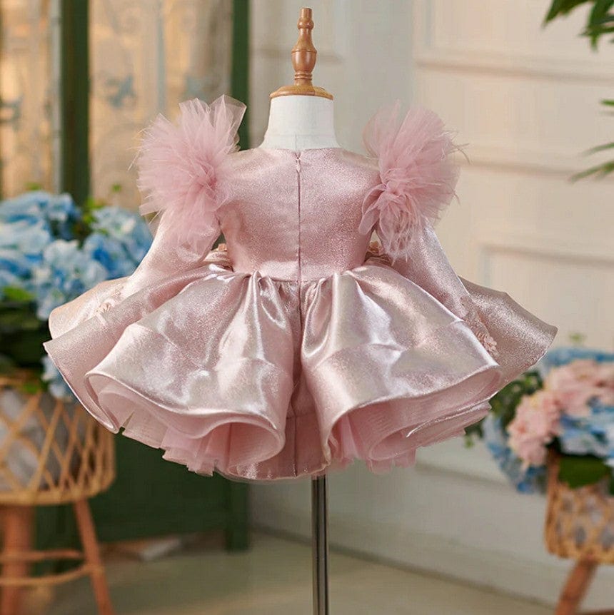 Sunnyupetal Exquisite 3D Flowers Satin Knee-Length 1st Birthday Party Baby Toddler Girl Dresses