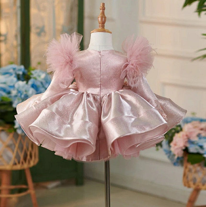 Sunnyupetal Exquisite 3D Flowers Satin Knee-Length 1st Birthday Party Baby Toddler Girl Dresses