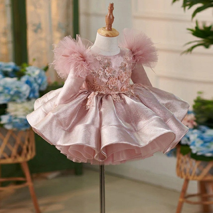 Sunnyupetal Exquisite 3D Flowers Satin Knee-Length 1st Birthday Party Baby Toddler Girl Dresses