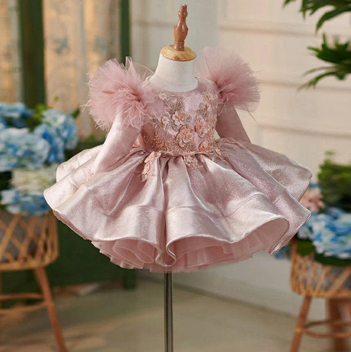 Sunnyupetal Exquisite 3D Flowers Satin Knee-Length 1st Birthday Party Baby Toddler Girl Dresses