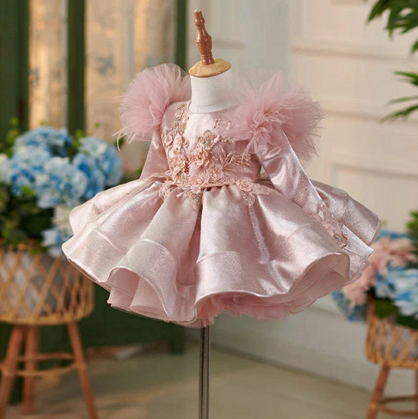 Sunnyupetal Exquisite 3D Flowers Satin Knee-Length 1st Birthday Party Baby Toddler Girl Dresses