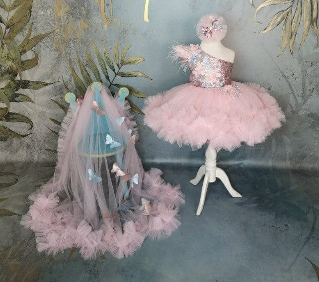 Sunypetal Pink One-Shoulder Feather Butterfly Toddler Pageant Prom Flower Girl Dresses