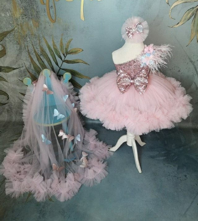 Sunypetal Pink One-Shoulder Feather Butterfly Toddler Pageant Prom Flower Girl Dresses