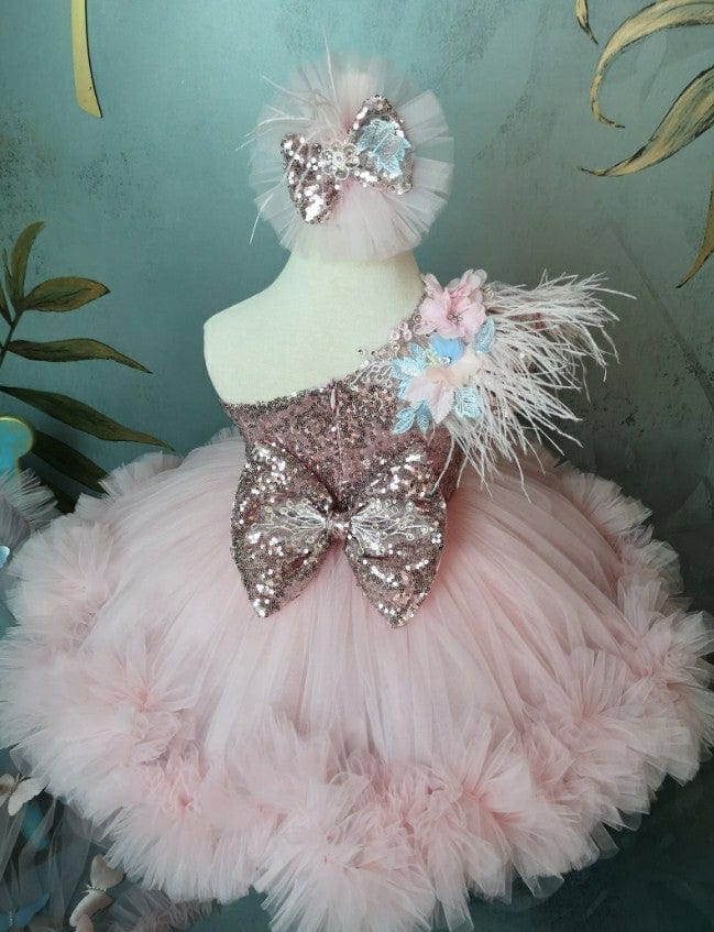 Sunypetal Pink One-Shoulder Feather Butterfly Toddler Pageant Prom Flower Girl Dresses