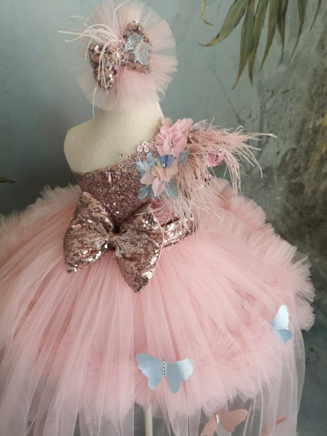 Sunypetal Pink One-Shoulder Feather Butterfly Toddler Pageant Prom Flower Girl Dresses