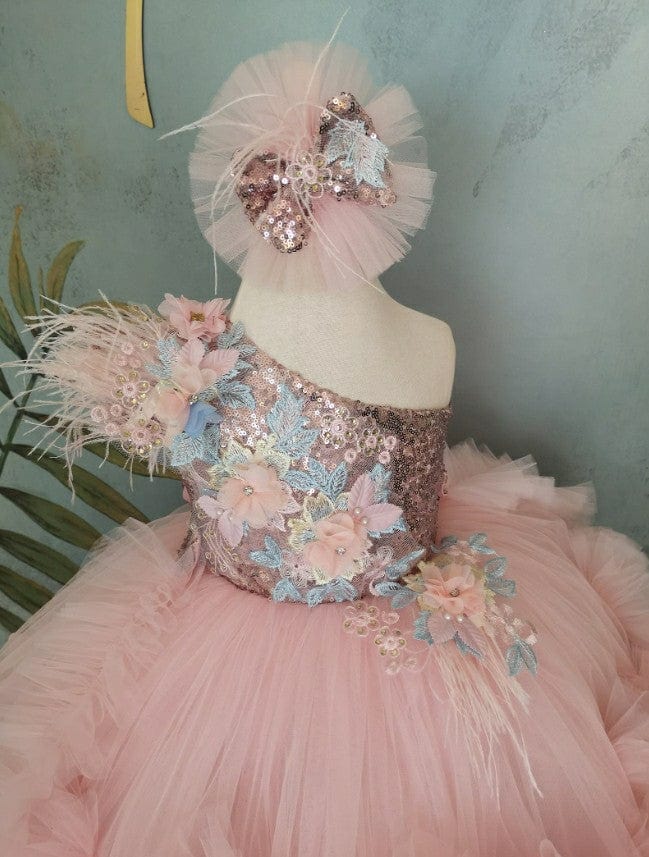 Sunypetal Pink One-Shoulder Feather Butterfly Toddler Pageant Prom Flower Girl Dresses