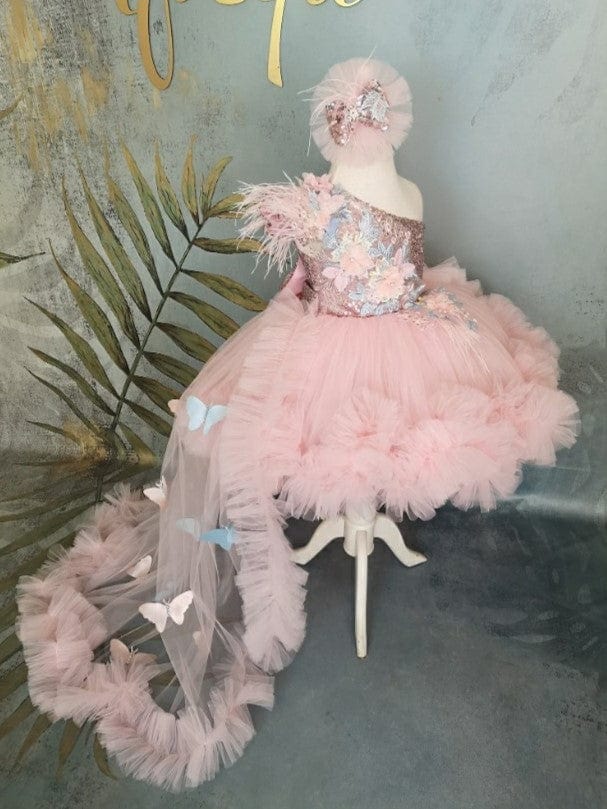 Sunypetal Pink One-Shoulder Feather Butterfly Toddler Pageant Prom Flower Girl Dresses