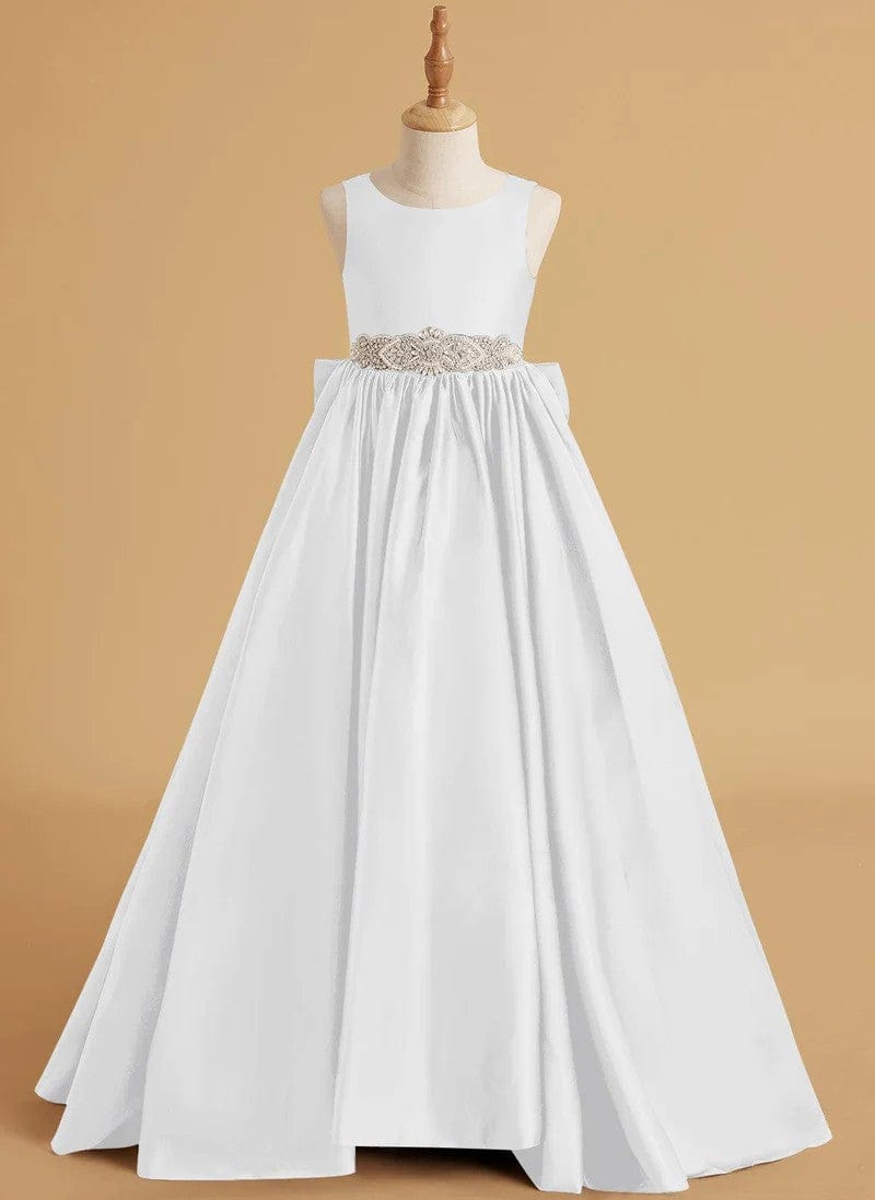 White / 3m Sunnypetal Elegant Sleeveless Satin Flower Girl Dresses with Jeweled Belt