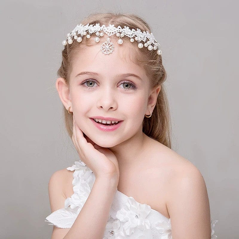 White Sunnypetal Children's Crown Tiara White Chain Wreath Princess Girl Crown Pearl Headband
