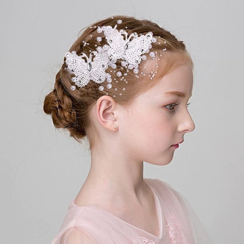 White Sunnypetal Girls Headdress Head Flower Lace Butterfly Hairpin Flower Girl Hairpin