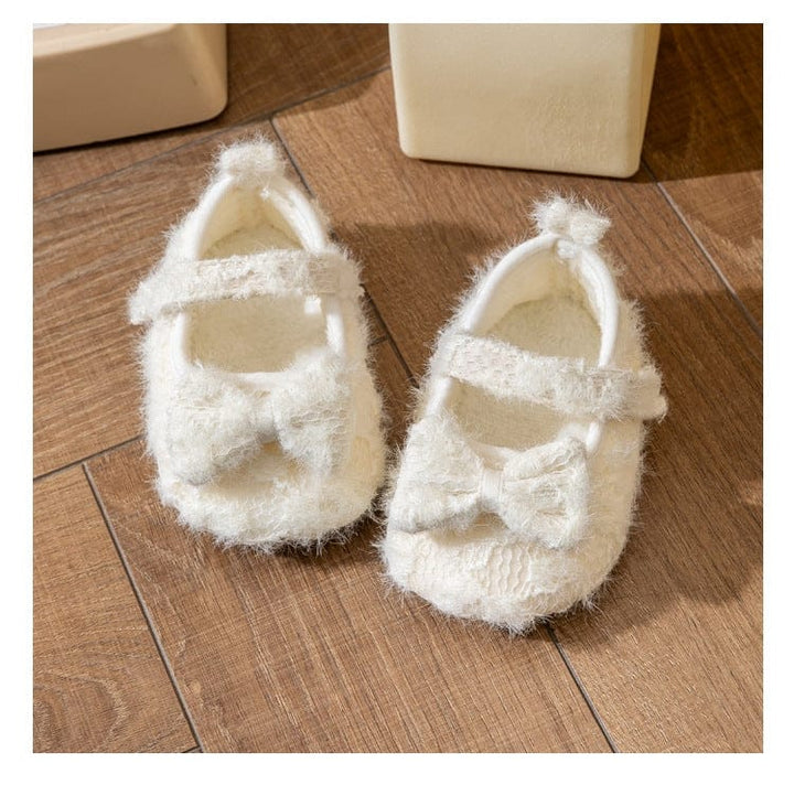 12 Yards Fabric Bottom(Lnner length 11cm) / Bow Style Sunnypetal Baby Lace Trim Plush Princess Shoes – Soft Sole Non-Slip Crib Shoes