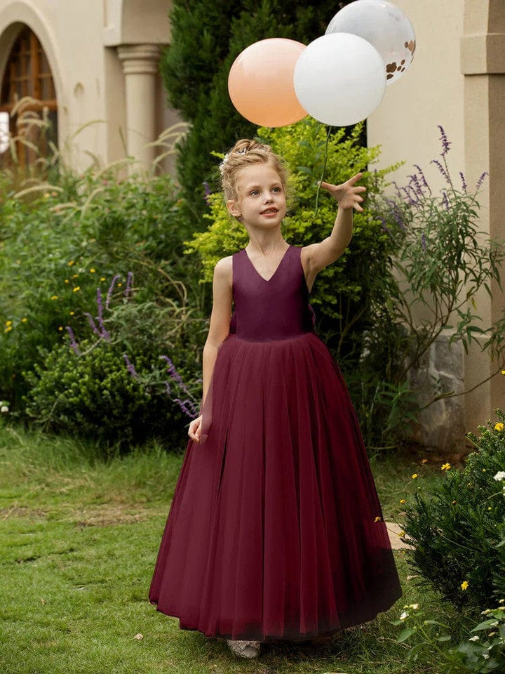 12m / Burgundy Sunnypetal Floor-Length V-Neck Sleeveless Tulle Flower Girl Dresses with Satin Bow