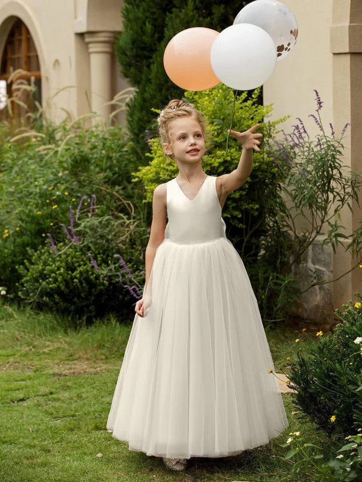 12m / Ivory Sunnypetal Floor-Length V-Neck Sleeveless Tulle Flower Girl Dresses with Satin Bow