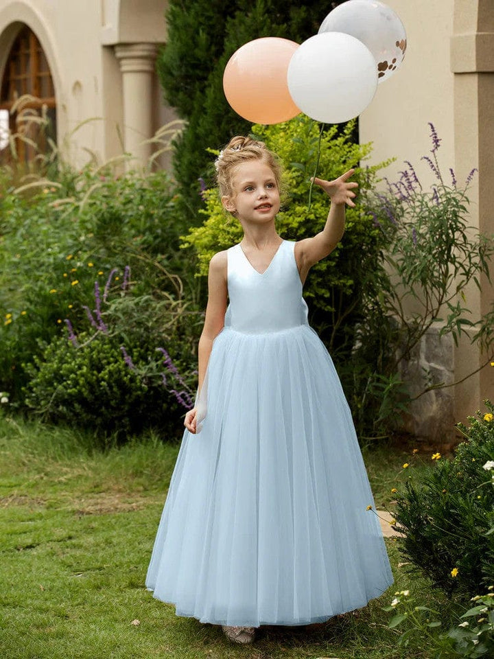 12m / Ligth Blue Sunnypetal Floor-Length V-Neck Sleeveless Tulle Flower Girl Dresses with Satin Bow
