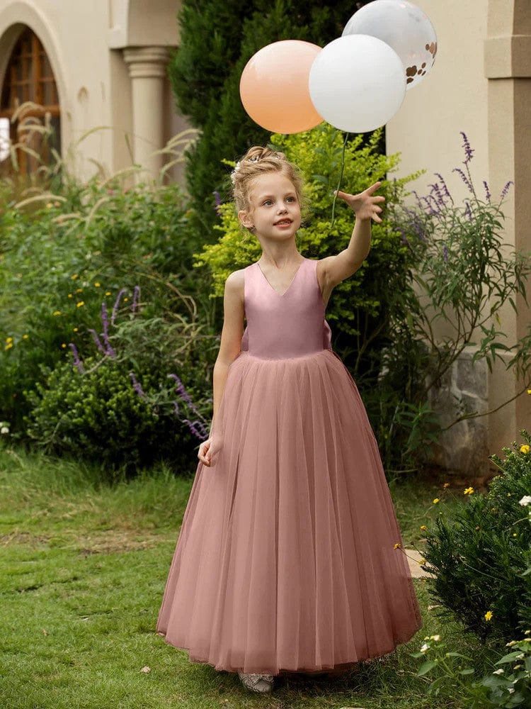 12m / Rose Pink Sunnypetal Floor-Length V-Neck Sleeveless Tulle Flower Girl Dresses with Satin Bow