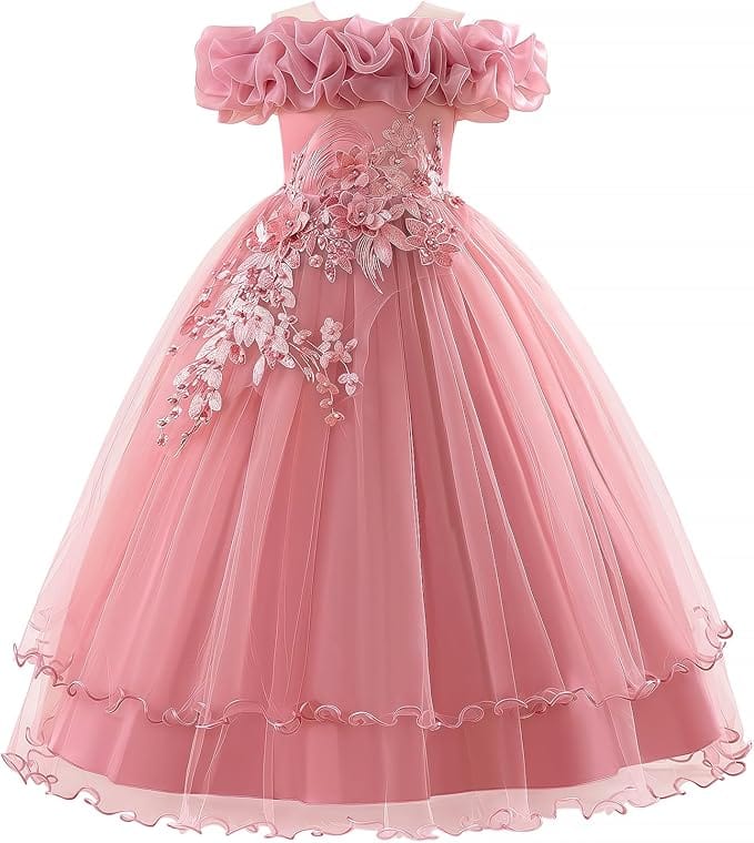 18m / Beanpaste Sunnypetal Romantic Off-the-Shoulder Tulle Flower Girl Dress with Floral Appliqués