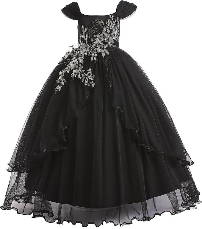 18m / Black Sunnypetal Elegant Off-the-Shoulder Floral Appliqués Flower Girl Ball Gown