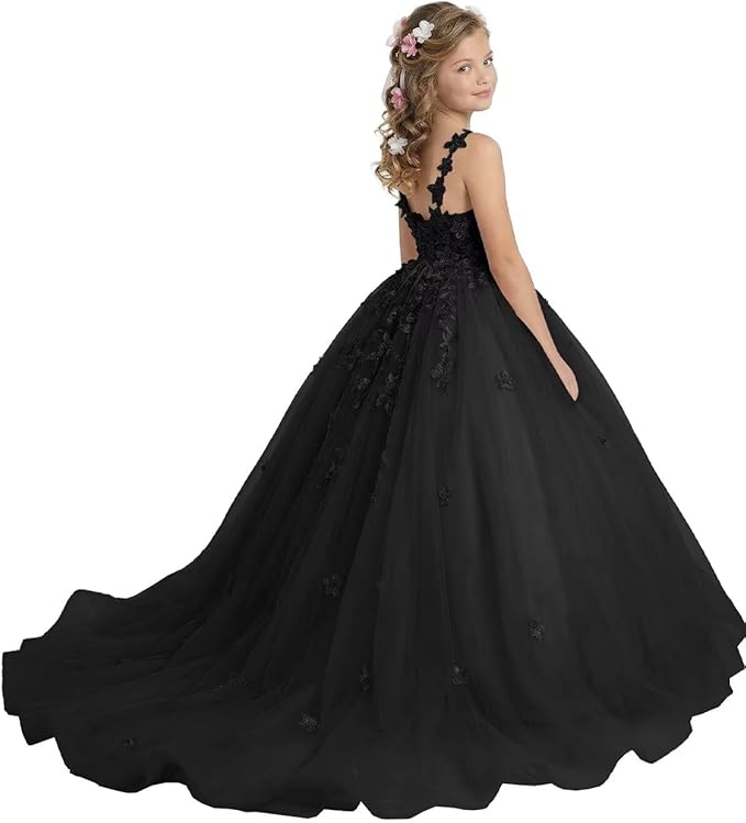 18m / Black Sunnypetal Enchanted Blush Floral Lace Ball Gown Flower Girl Dress for Special Occasions