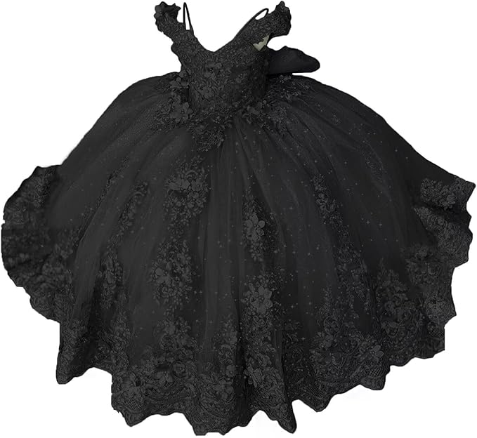 18m / Black Sunnypetal Lace Appliqué 3D Flower Girl Dress with Bow for First Communion &amp; Pageant