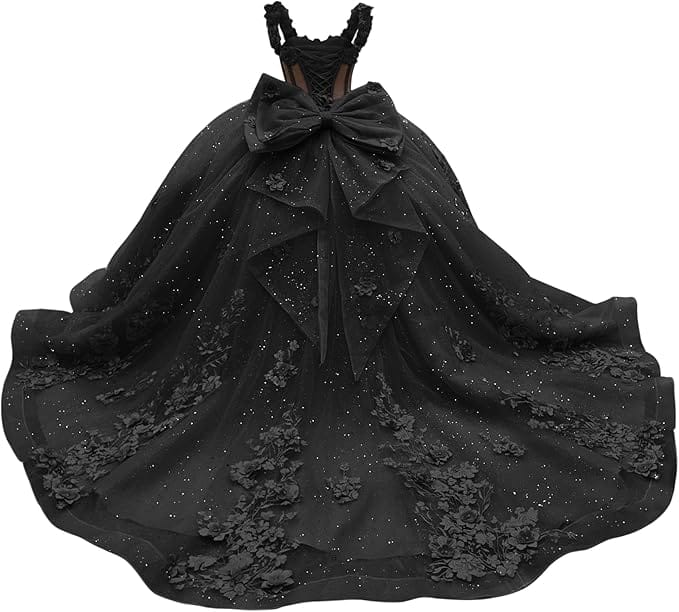 18m / Black Sunnypetal Light Blue 3D Floral Appliqué Tulle Ball Gown Flower Girl Dress with Bow