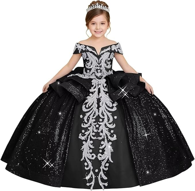 18m / Black Sunnypetal Off-the-Shoulder Glitter Princess Flower Girl Dress with Lace Appliqués