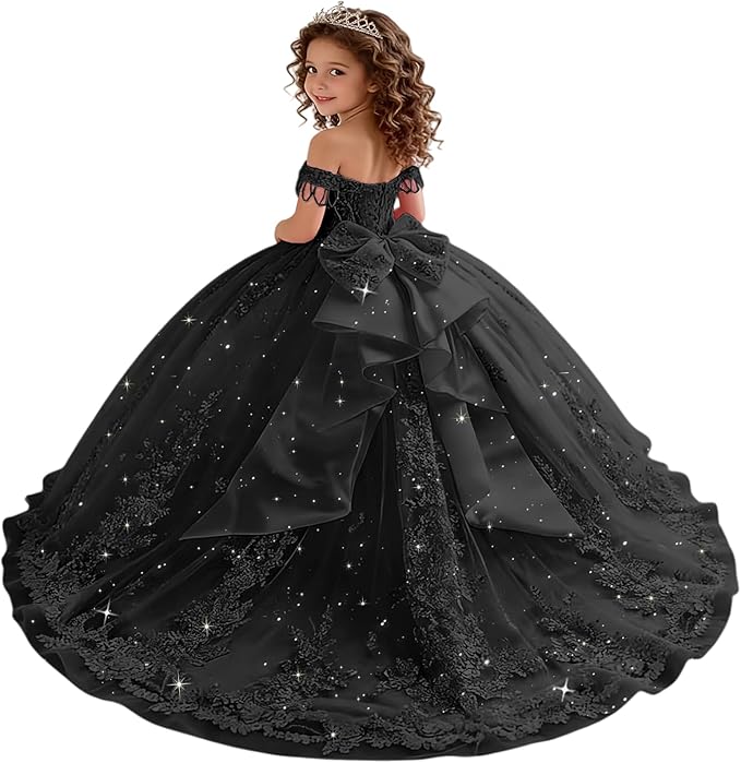 18m / Black Sunnypetal Princess Off-the-Shoulder Lace Appliqué Tulle Ball Gown Flower Girl Dress with Bow