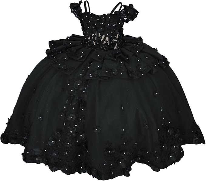 18m / Black Sunnypetal Royal Blue 3D Floral Lace-Up Tulle Ball Gown Flower Girl Dress with Bows
