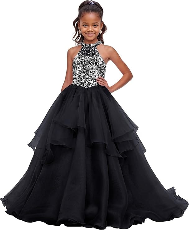 18m / Black Sunnypetal Sparkling High Neck Ball Gown Flower Girl Dress with Beaded Bodice
