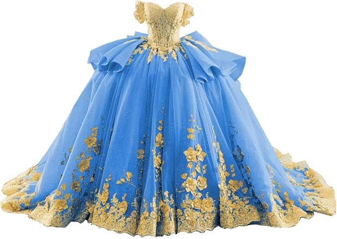 18m / Blue Sunnypetal Blue & Pink Off-Shoulder Flower Girl Ball Gown with 3D Floral Appliques