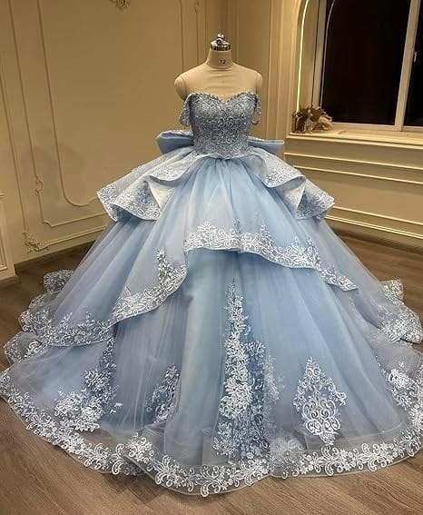 18m / Blue Sunnypetal Blue Princess Pageant Gown with Layered Tulle & Embroidered Lace Details