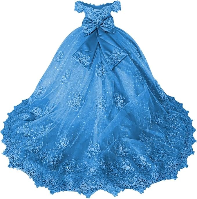18m / Blue Sunnypetal Off-Shoulder Lace Appliqué Flower Girl &amp; Pageant Ball Gown with Bow