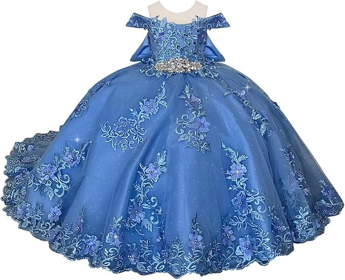 18m / Blue Sunnypetal Off-Shoulder Lace Appliques Tulle Flower Ball Gown Dresses with Bow