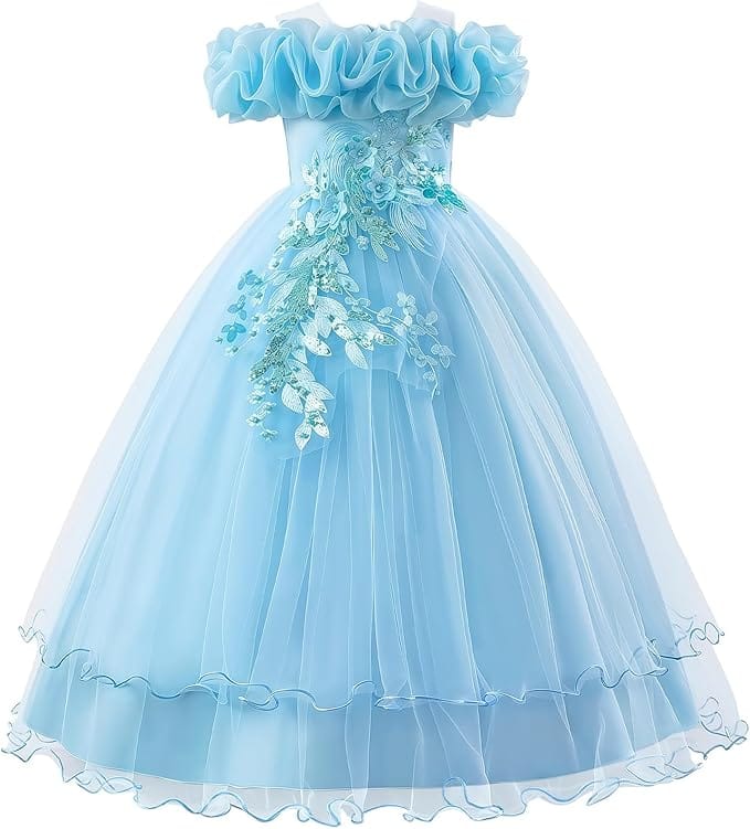 18m / Blue Sunnypetal Romantic Off-the-Shoulder Tulle Flower Girl Dress with Floral Appliqués