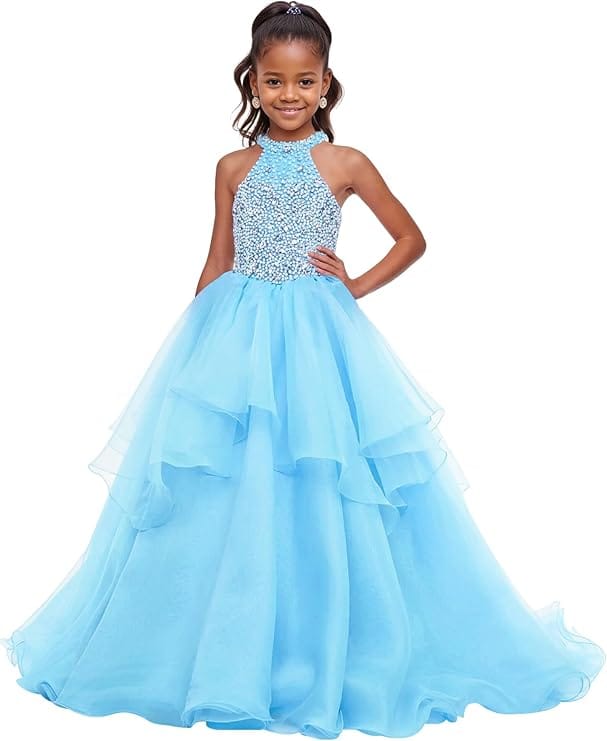 18m / Blue Sunnypetal Sparkling High Neck Ball Gown Flower Girl Dress with Beaded Bodice