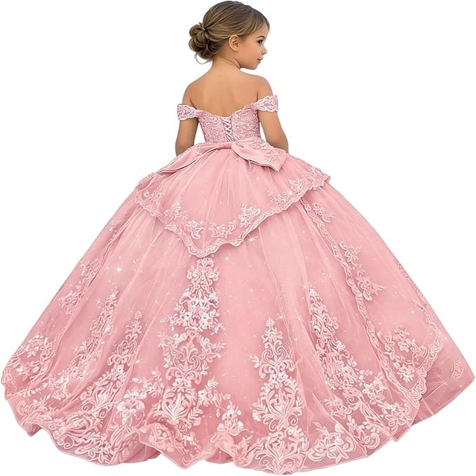 18m / Blush Pink Sunnypetal Glitter Layered Tulle Ball Gown Flower Girl Dress with Lace Appliqué and Bow