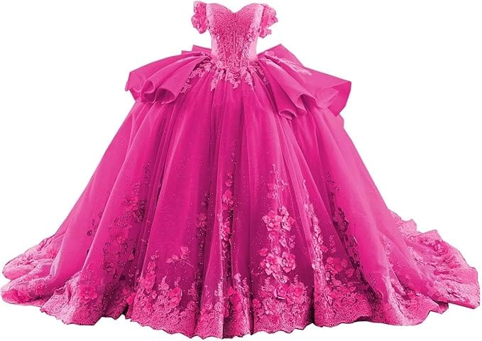 18m / Bright Pink Sunnypetal Blue & Pink Off-Shoulder Flower Girl Ball Gown with 3D Floral Appliques