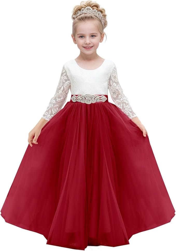 burgundy flower girl dress Sunnypetal A-Line Soft Tulle Flower Girl Dress Long Sleeve Lace Floor- – sunnypetal