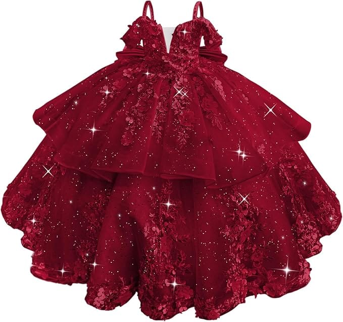 18m / Burgundy Sunnypetal Elegant Pink Off-the-Shoulder Tulle Flower Girl Dress with 3D Floral Appliqués