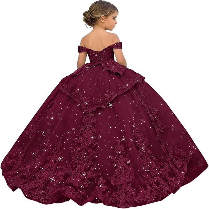 18m / Burgundy Sunnypetal Glitter Layered Tulle Ball Gown Flower Girl Dress with Lace Appliqué and Bow