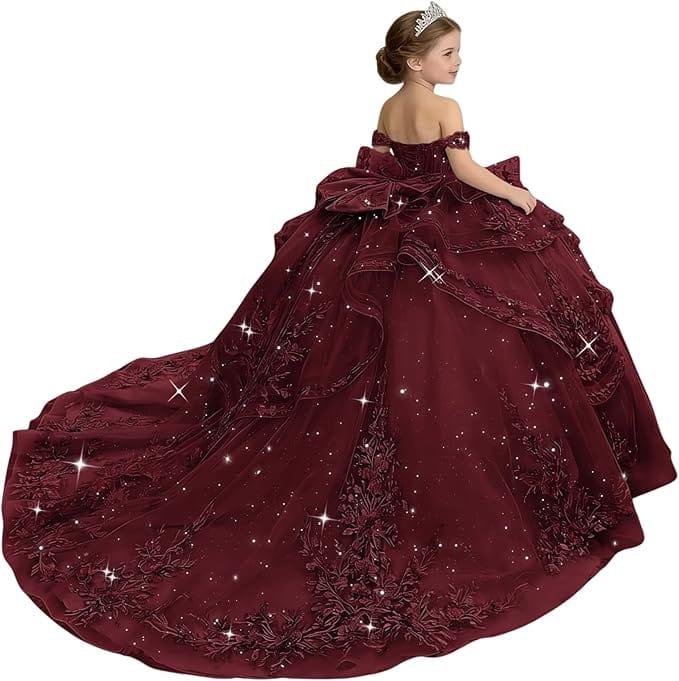18m / Burgundy Sunnypetal Glitter Layered Tulle Off-Shoulder Girls Pageant Ball Gown with Dramatic Train &amp; Bow