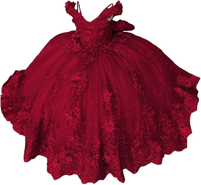 18m / Burgundy Sunnypetal Lace Appliqué 3D Flower Girl Dress with Bow for First Communion &amp; Pageant
