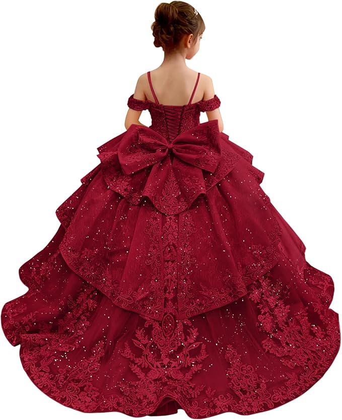 18m / Burgundy Sunnypetal Lace Appliqué Layered Tulle Ball Gown Flower Girl Pageant Dress with Bow