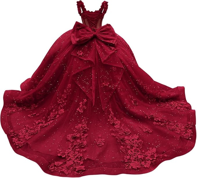 18m / Burgundy Sunnypetal Light Blue 3D Floral Appliqué Tulle Ball Gown Flower Girl Dress with Bow