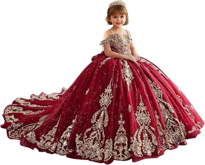 18m / Burgundy Sunnypetal Luxury Red Gold Embroidery Tulle Ball Gown Flower Girl Dress with Bow