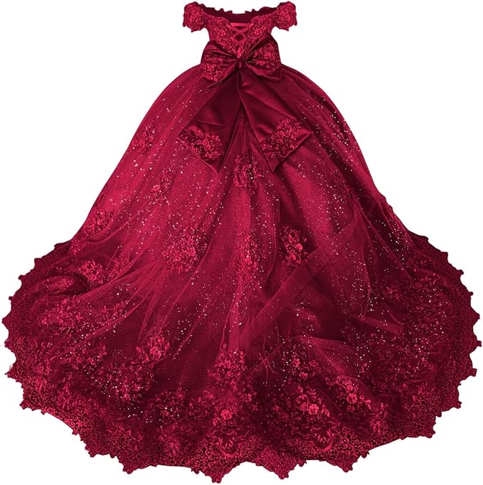 18m / Burgundy Sunnypetal Off-Shoulder Lace Appliqué Flower Girl &amp; Pageant Ball Gown with Bow